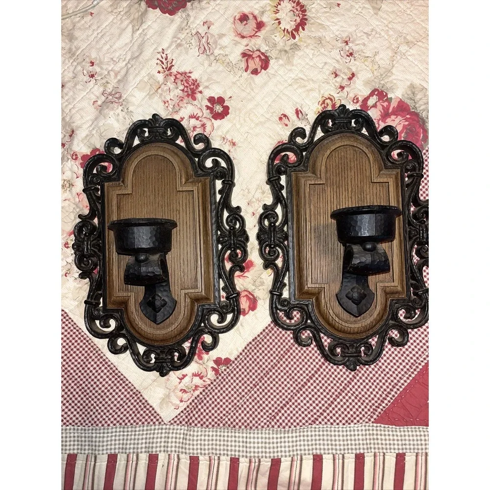 MCM Wall Sconce Candle Holders Faux ‎ Wood Faux Metal Syroco LXXI (1971) Gothic